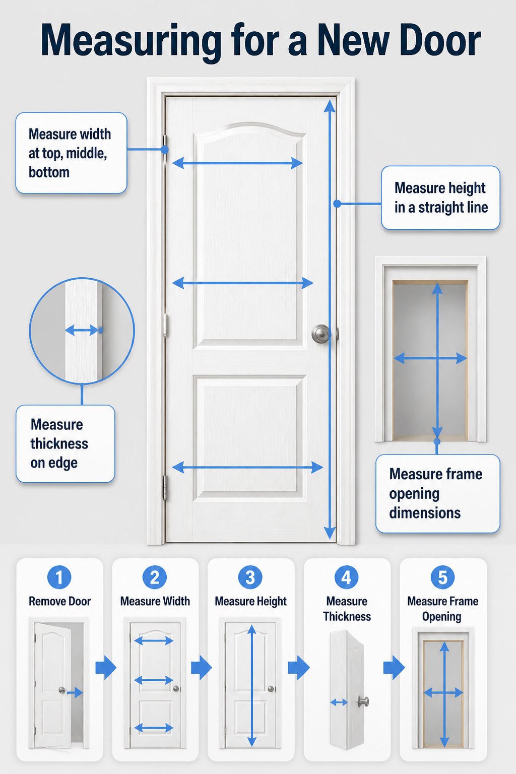 Illustration of measuring tape and door dimensions for a new door.