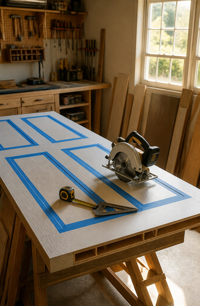 New hollow core door on a workbench with tools for cutting.