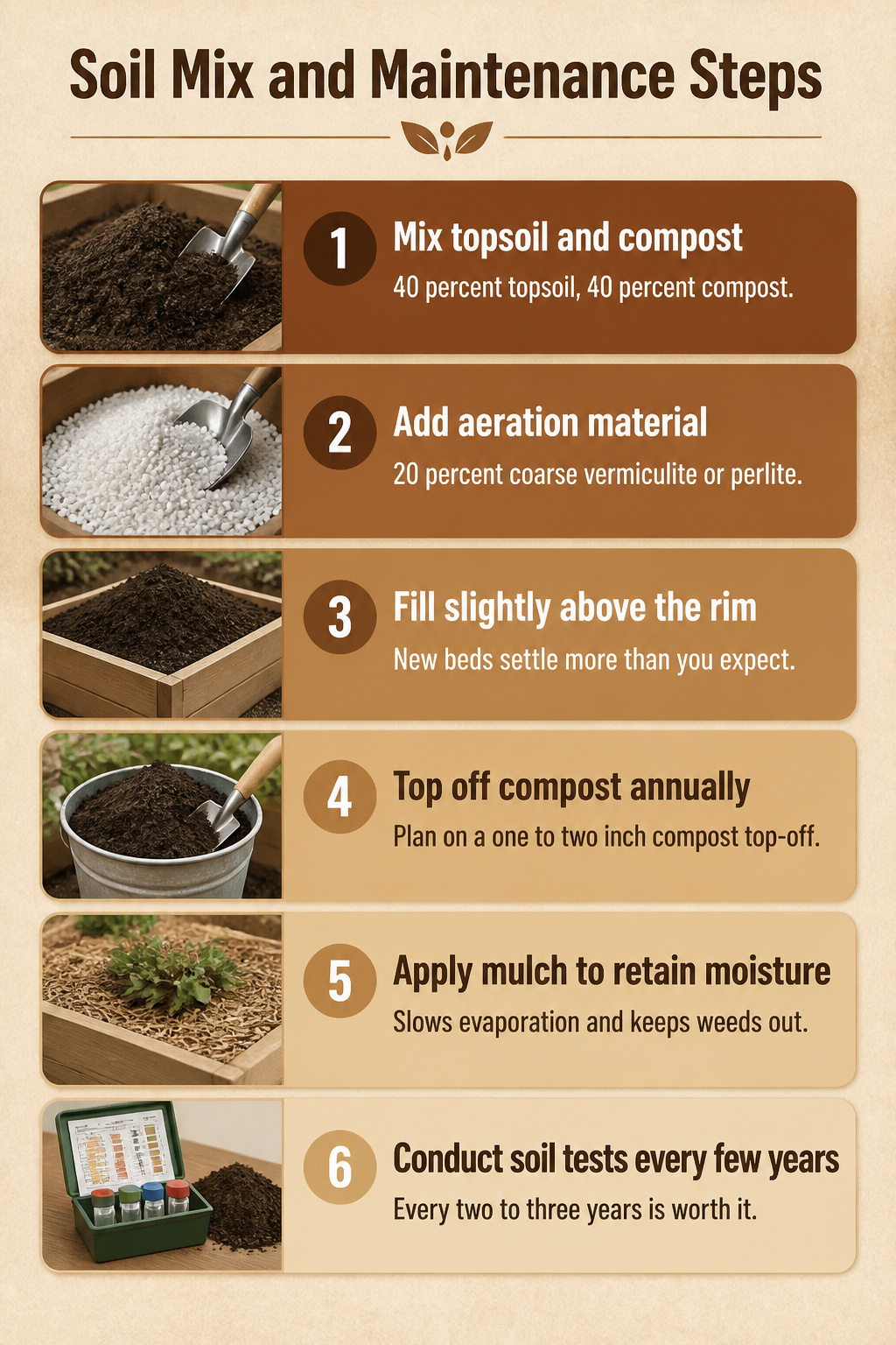 An infographic detailing soil mix and maintenance steps for raised beds.