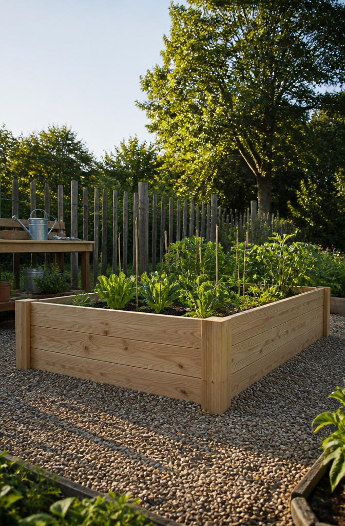 A raised garden bed demonstrating optimal width for gardening.