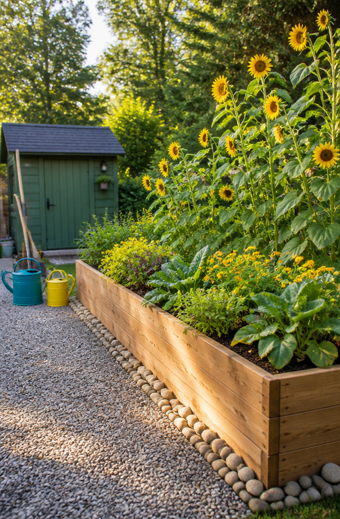 A raised bed surrounded by sunflowers, placed for optimal sunlight.