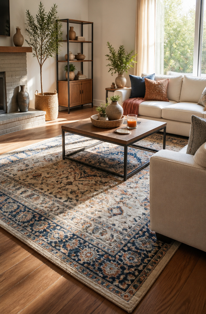 A plush area rug with a custom-cut rug pad in a sunlit room.