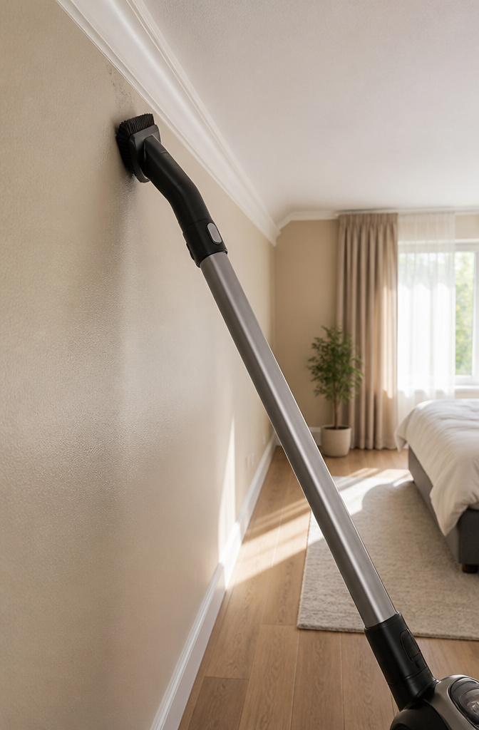 A vacuum with a dust brush attachment cleaning a beige wall.
