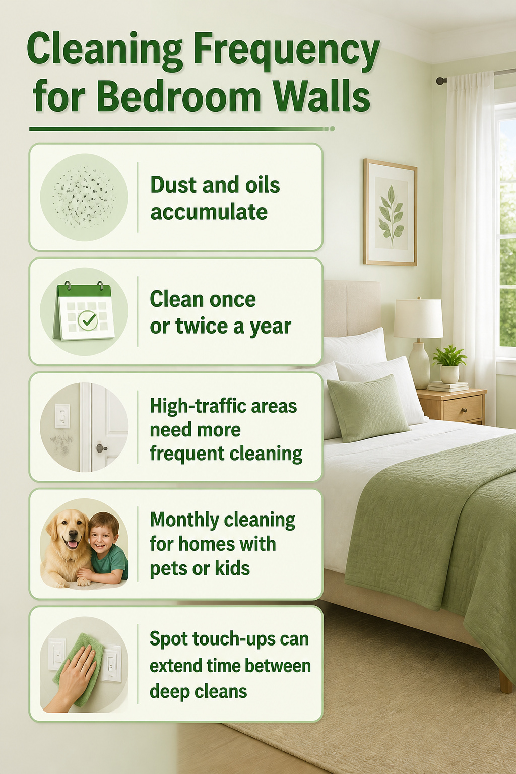 A chart indicating how often to clean bedroom walls.