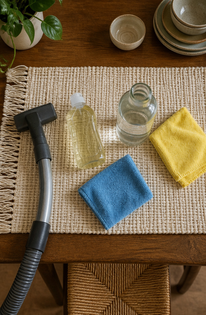 Various cleaning supplies arranged on a table for cleaning fabric chairs.