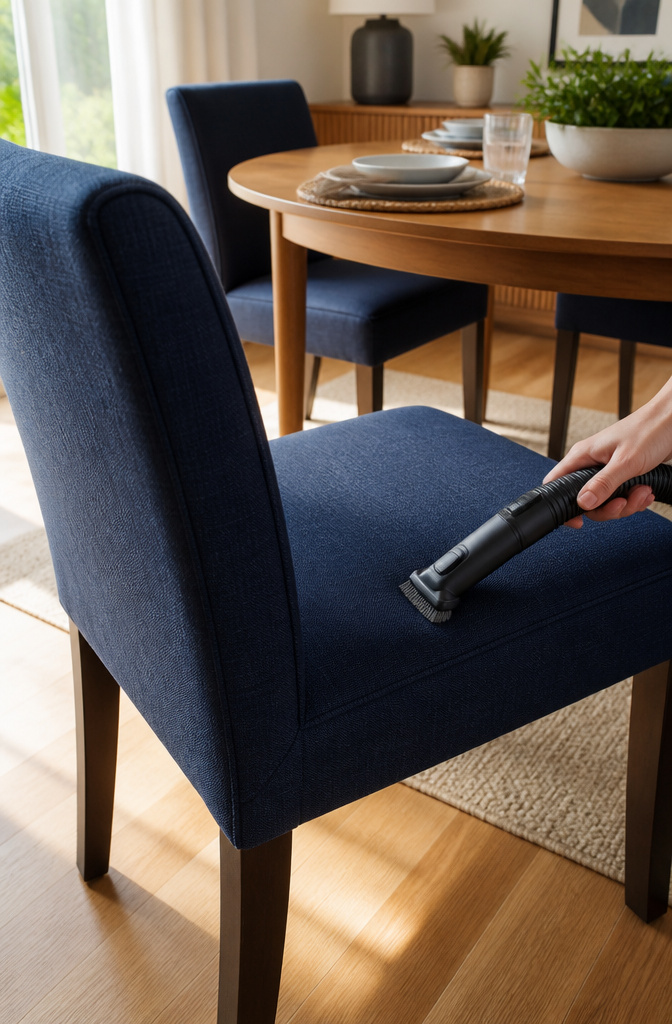 A hand vacuuming the dark blue upholstery of a dining chair.