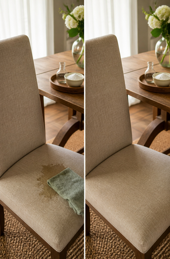 A clean cloth being used to blot a stain on a fabric chair.