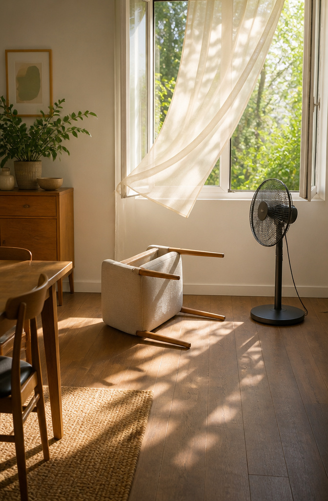 A dining chair positioned to dry with a window open nearby.