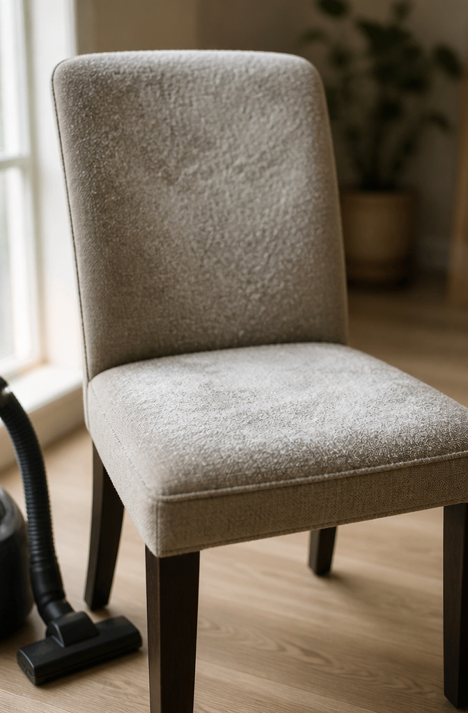 A layer of baking soda spread across a fabric chair seat.