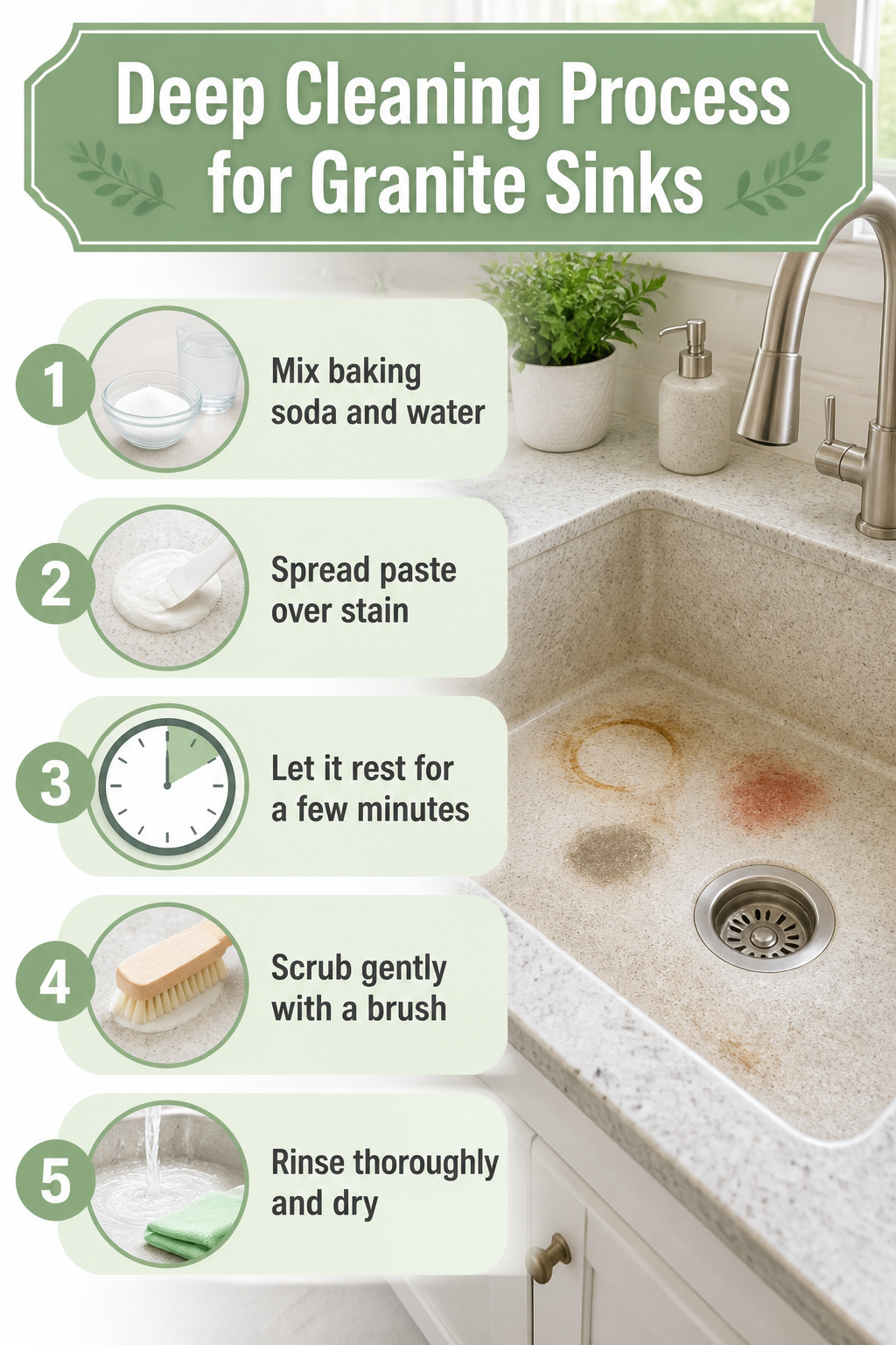 Baking soda and water paste applied to a stained granite sink.