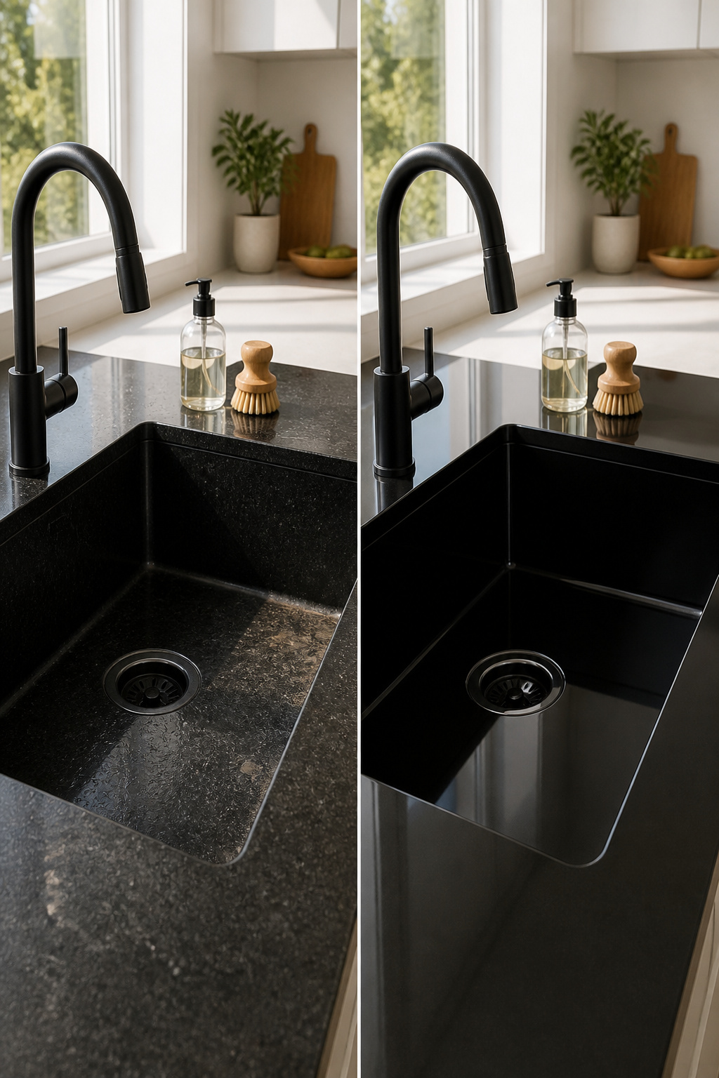 Black granite sink showing water spots and soap residue.
