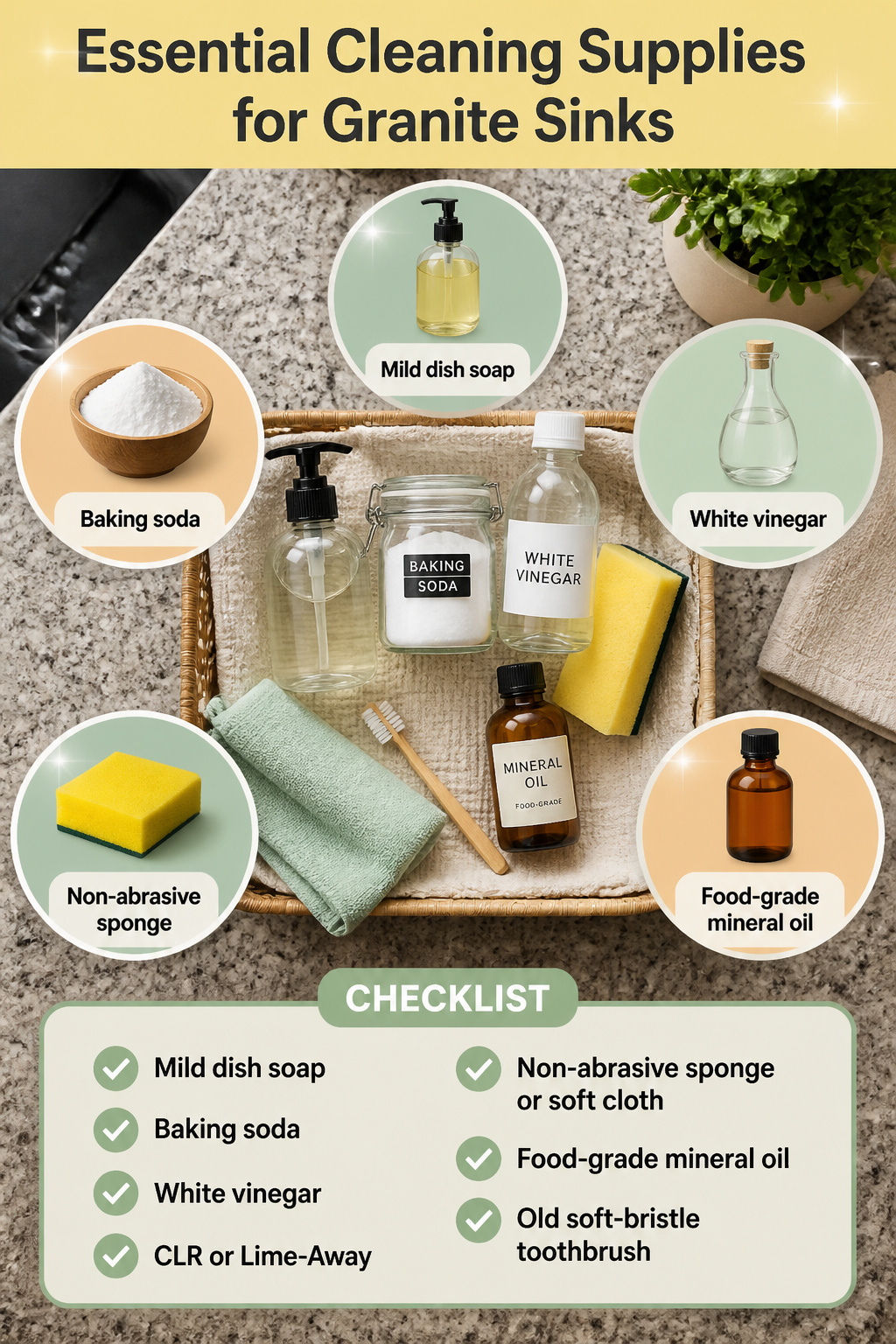 Cleaning supplies for granite sinks, including dish soap and baking soda.