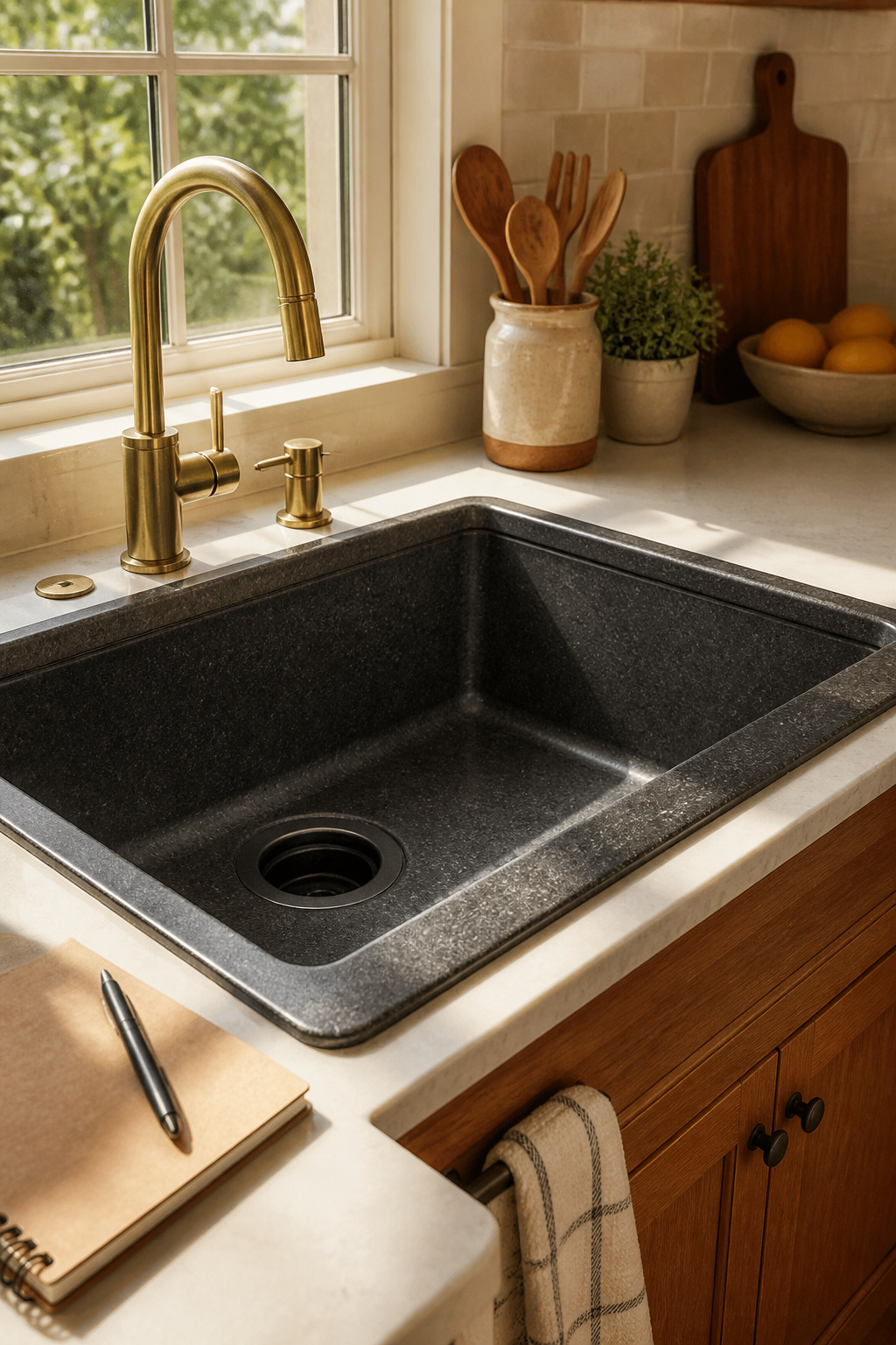 Granite sink showing a small scratch near the drain.