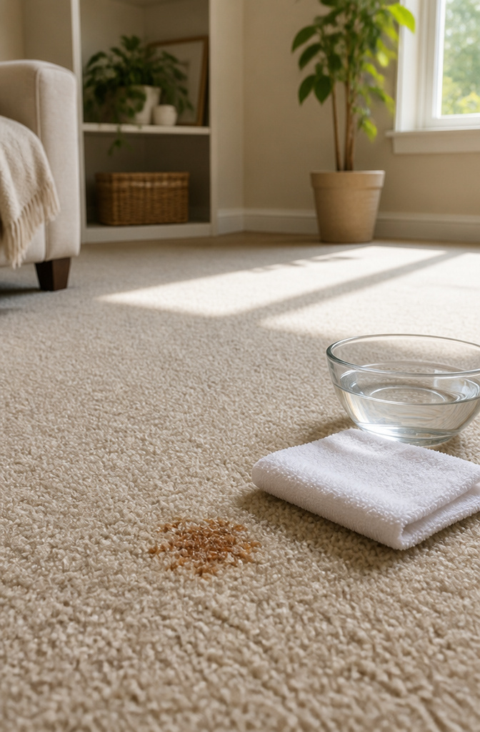 A dry terry cloth on a rust stain on beige carpet.