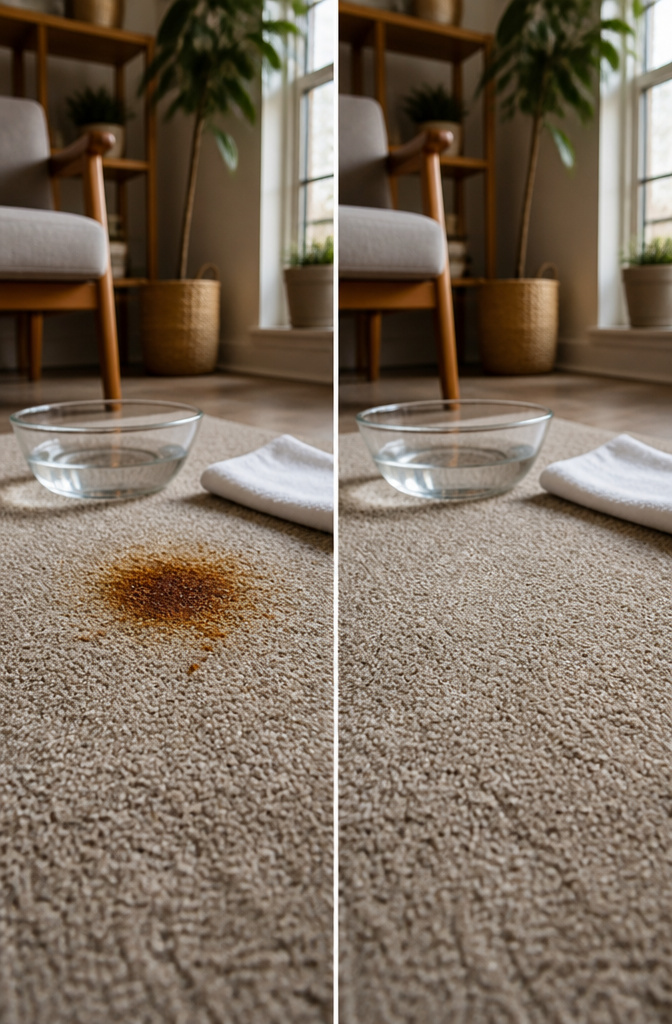 Person blotting a rust stain on carpet with a cloth.