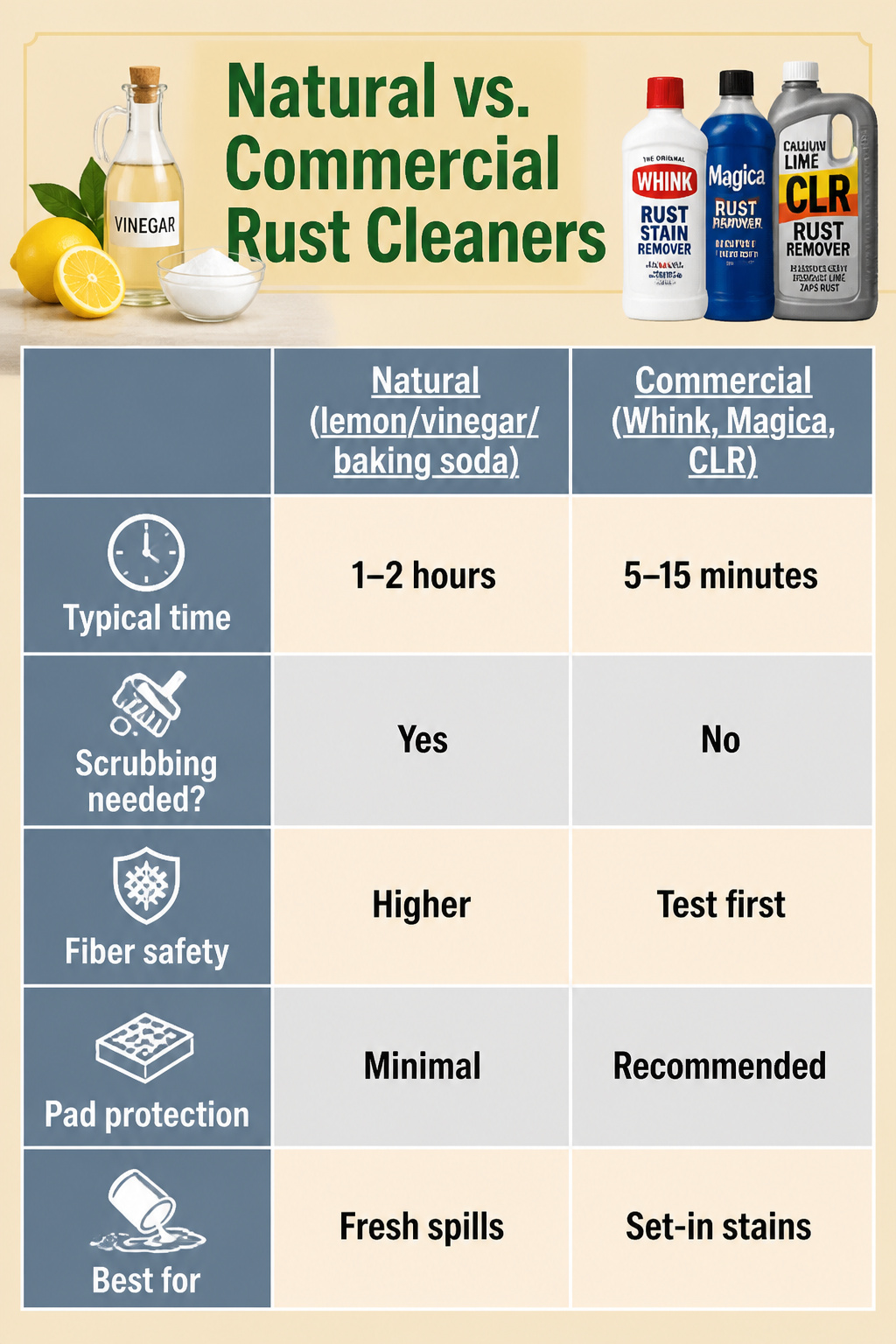 Comparison of natural and commercial rust cleaning products.