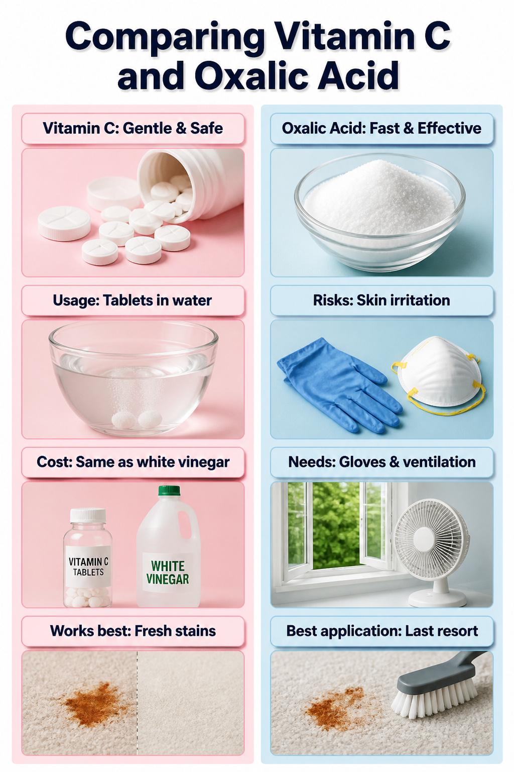 Image comparing vitamin C tablets and oxalic acid for rust cleaning.