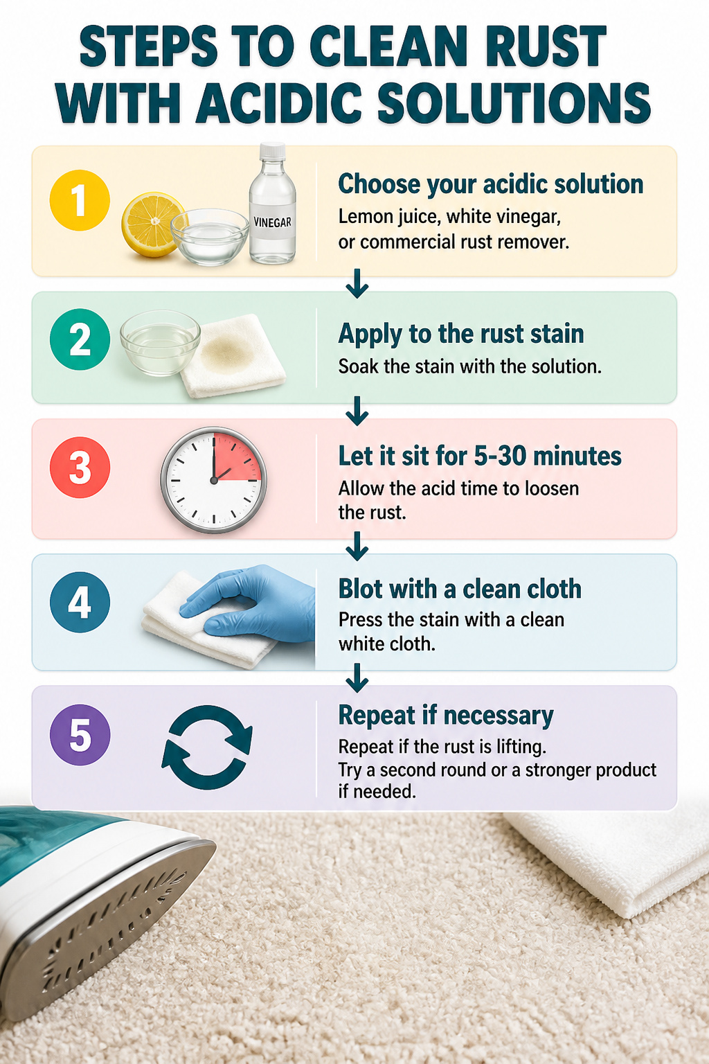 Bowl of acidic solution next to a cleaning guide.