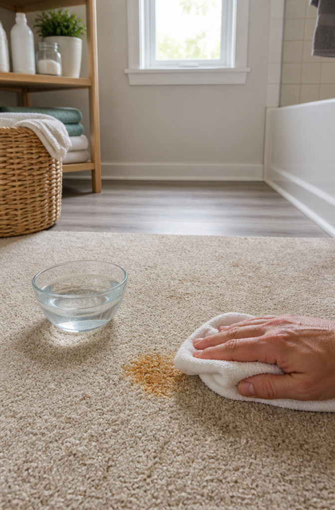 Damp cloth pressed against a rust-stained beige carpet.
