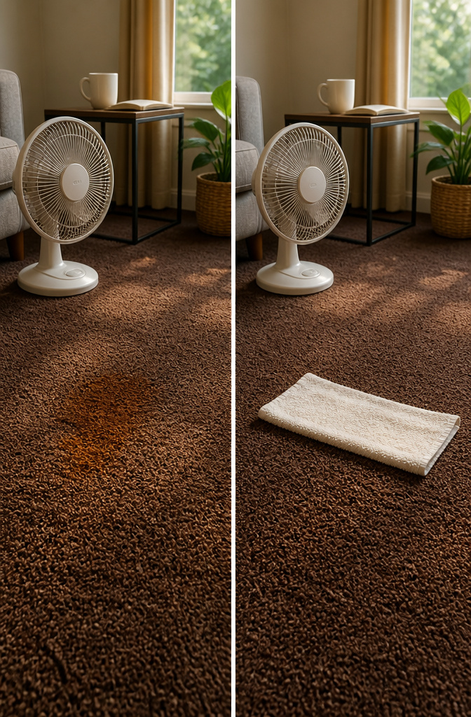 Clean cloth absorbing moisture from a light carpet.