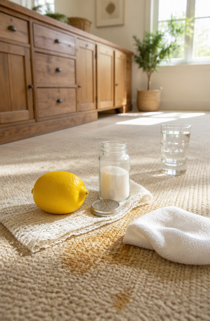A lemon and salt beside a cloth on a carpet.