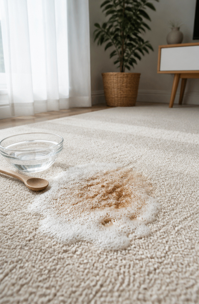 Thick paste on an off-white carpet with a wooden spoon.