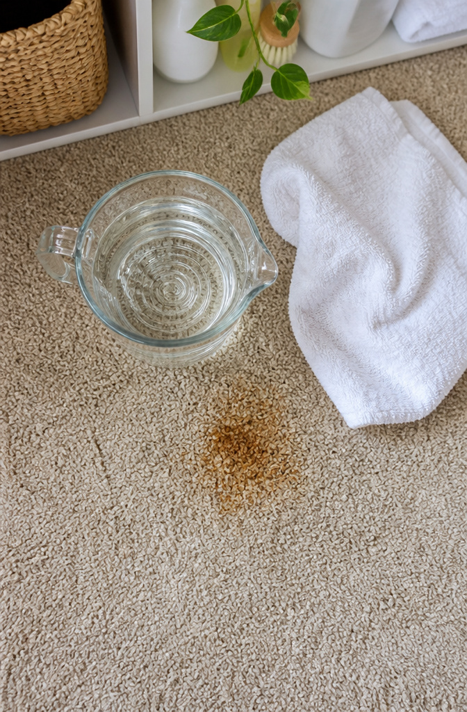 Bowl of diluted vinegar next to a rust stain on carpet.