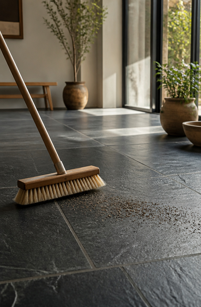 Soft-bristled broom sweeping dirt from dark slate surface.