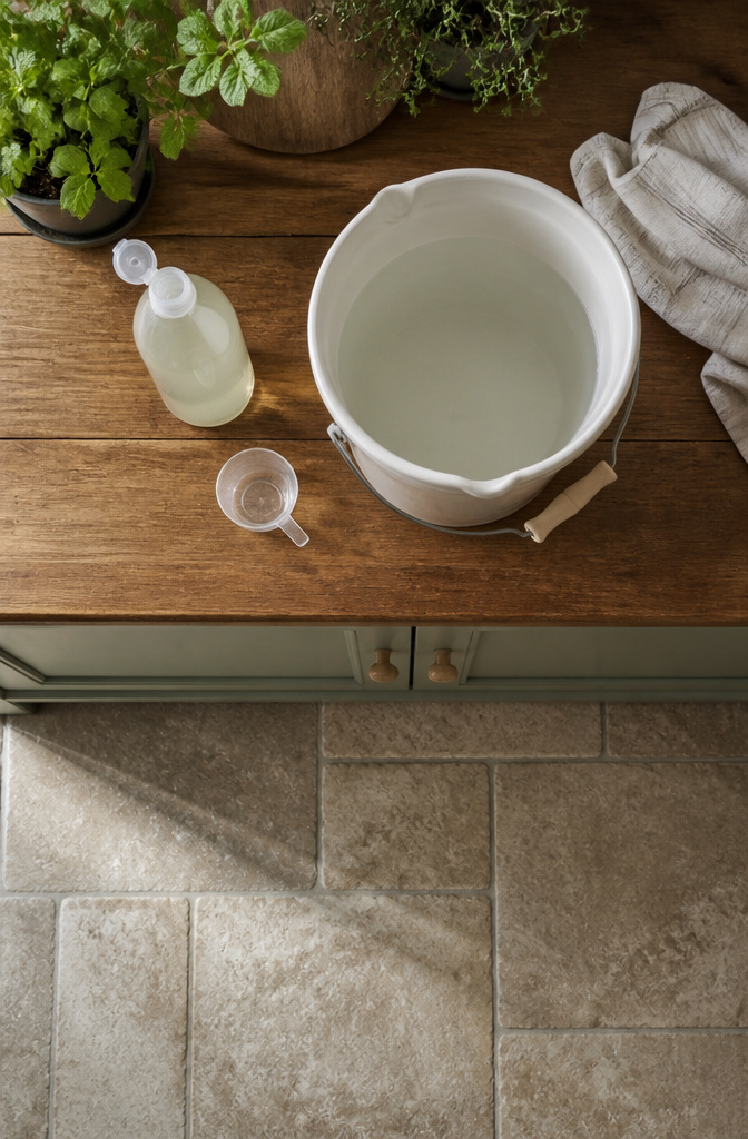 Bucket with warm water and cleaner for stone floor preparation.