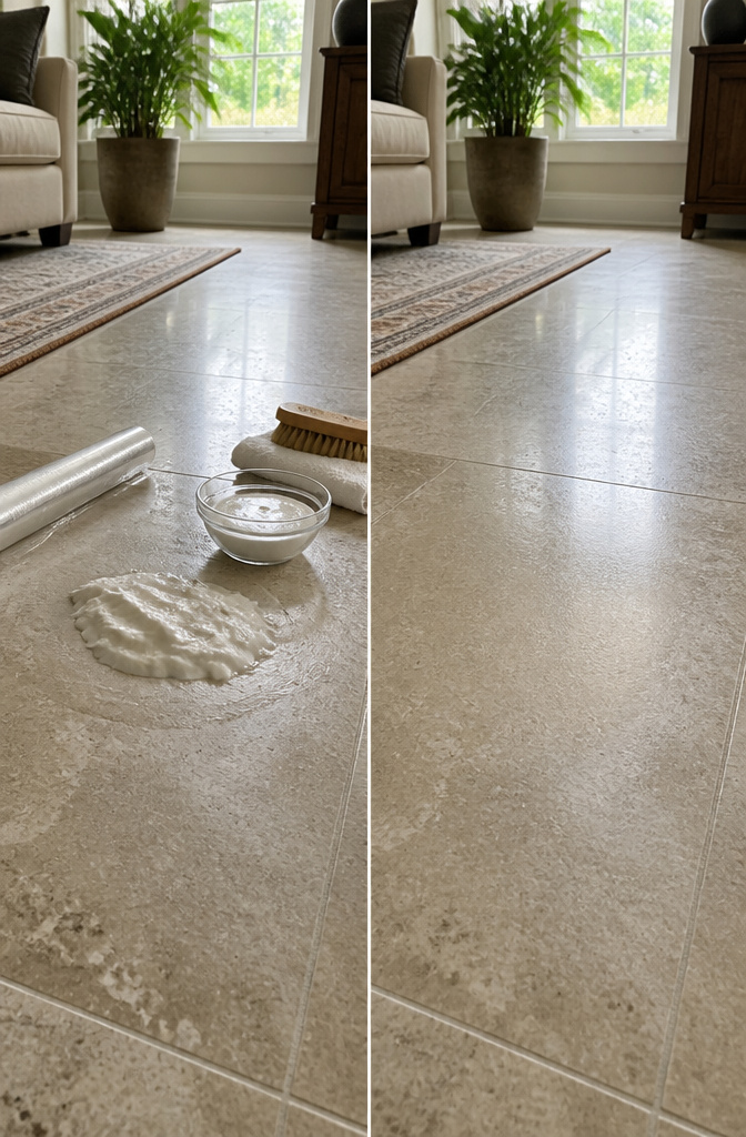 Baking soda poultice applied to a stained area of stone.