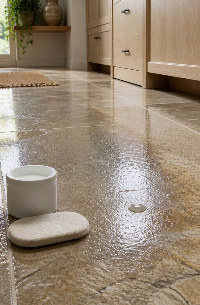 Water drops on stone surface to test sealant effectiveness.