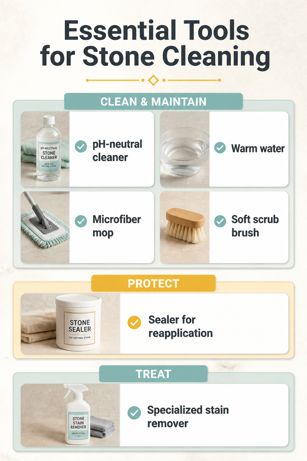 Tools and cleaners suitable for maintaining stone floors.