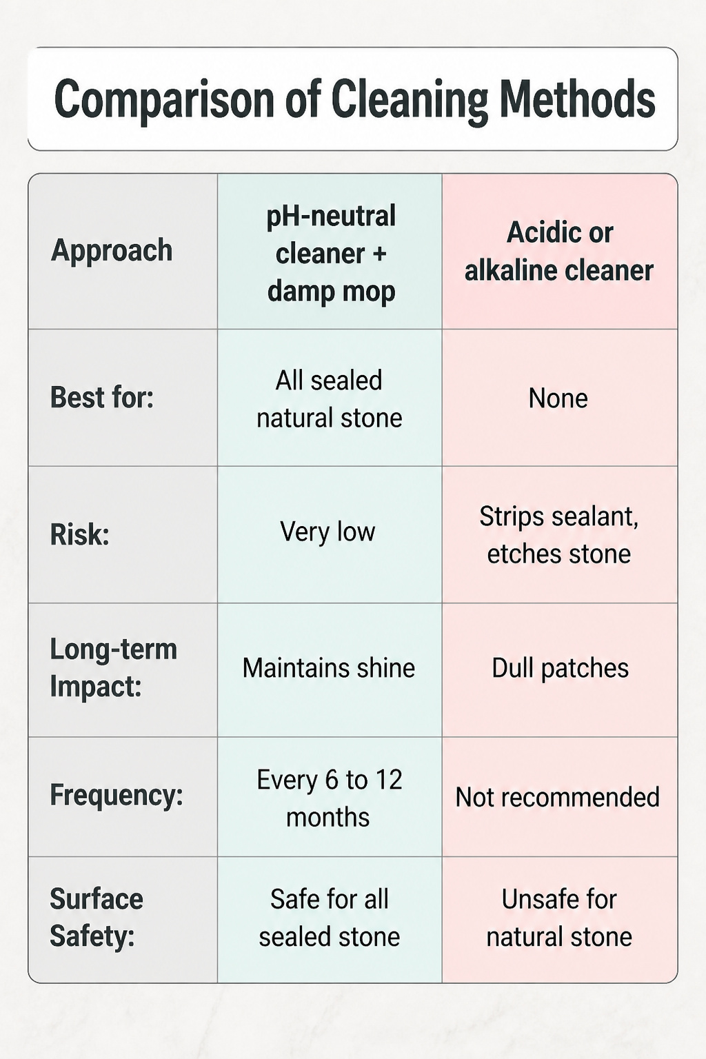 Chart comparing cleaning methods for natural stone floors.