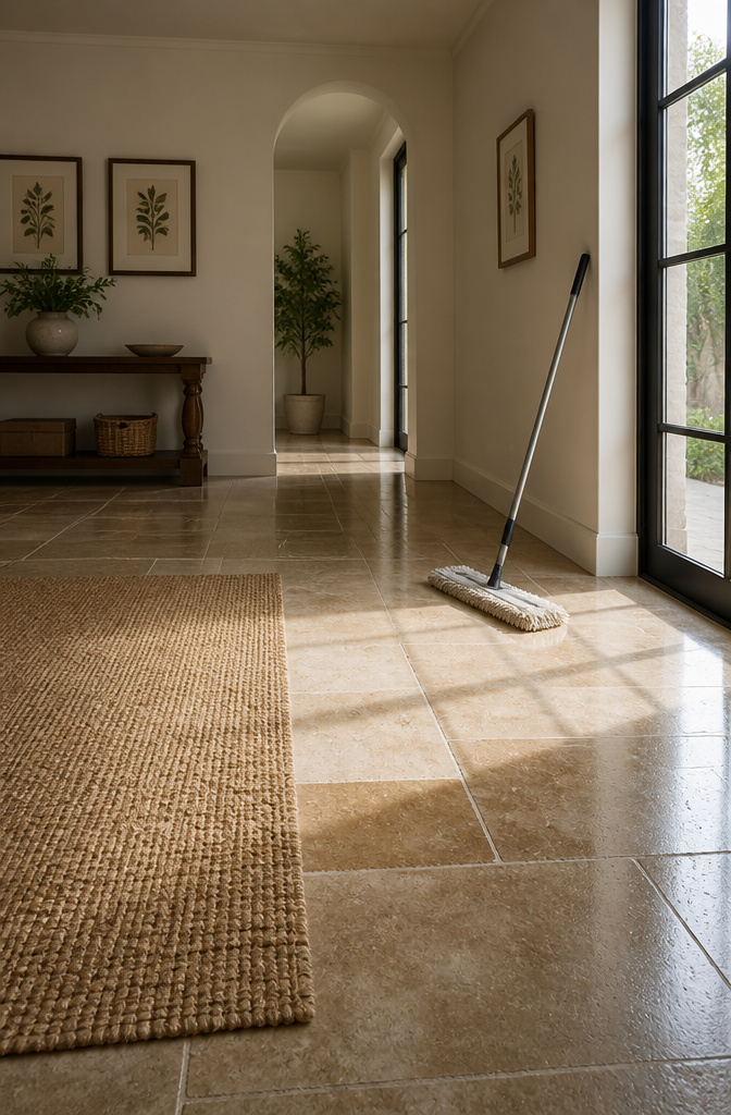 Dry microfiber mop ready for daily stone floor maintenance.