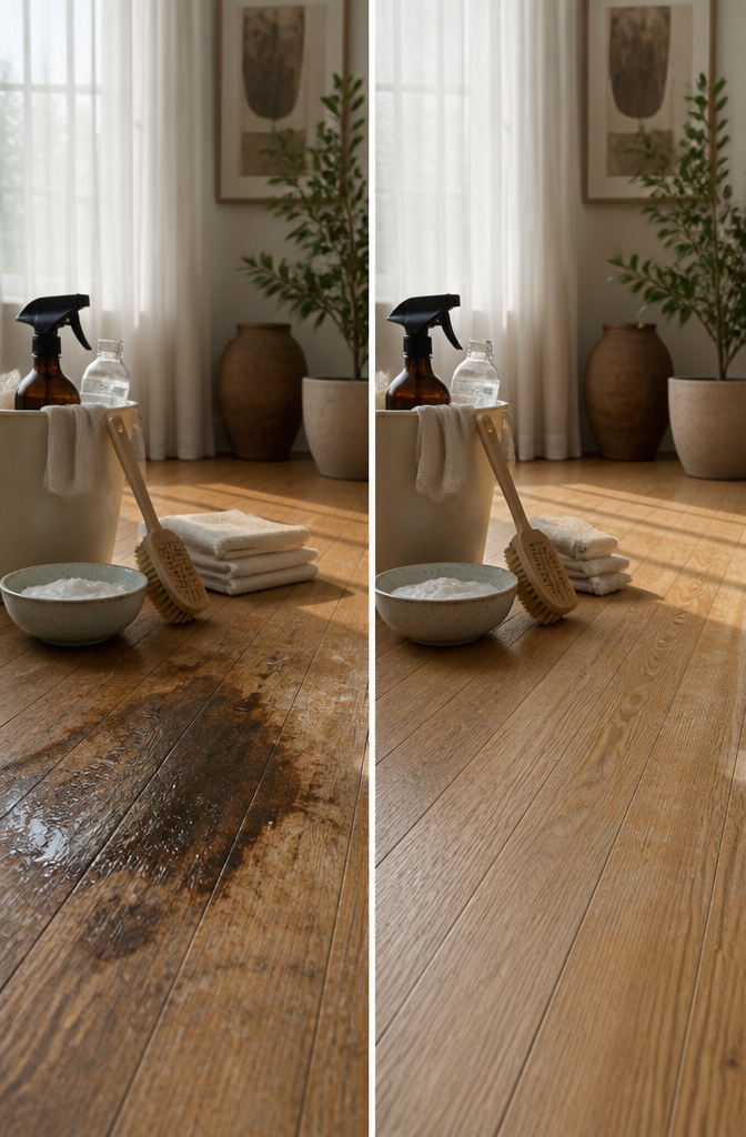 A brush and trisodium phosphate on a wooden surface with a stain.
