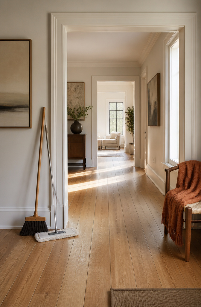 A broom and a vacuum cleaner positioned near hardwood floors.