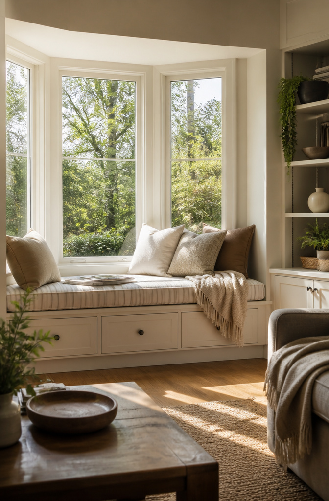 A bay window transformed into a comfortable window seat.
