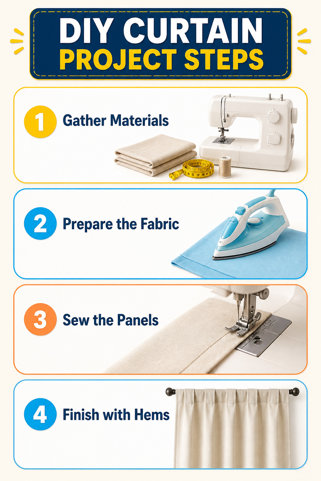Steps for a DIY curtain project using fabric.