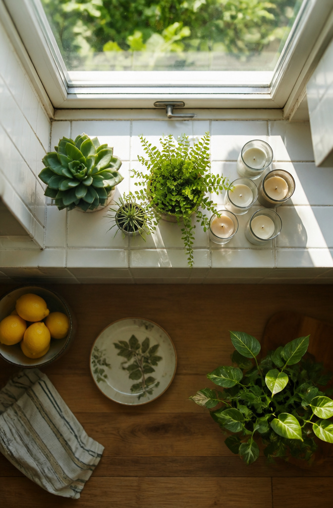 Candles and small plants arranged on a window sill.