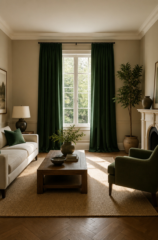 Deep burgundy drapes secured at the side of a window.