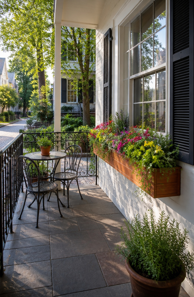 Window boxes filled with vibrant flowers and plants outside a house.