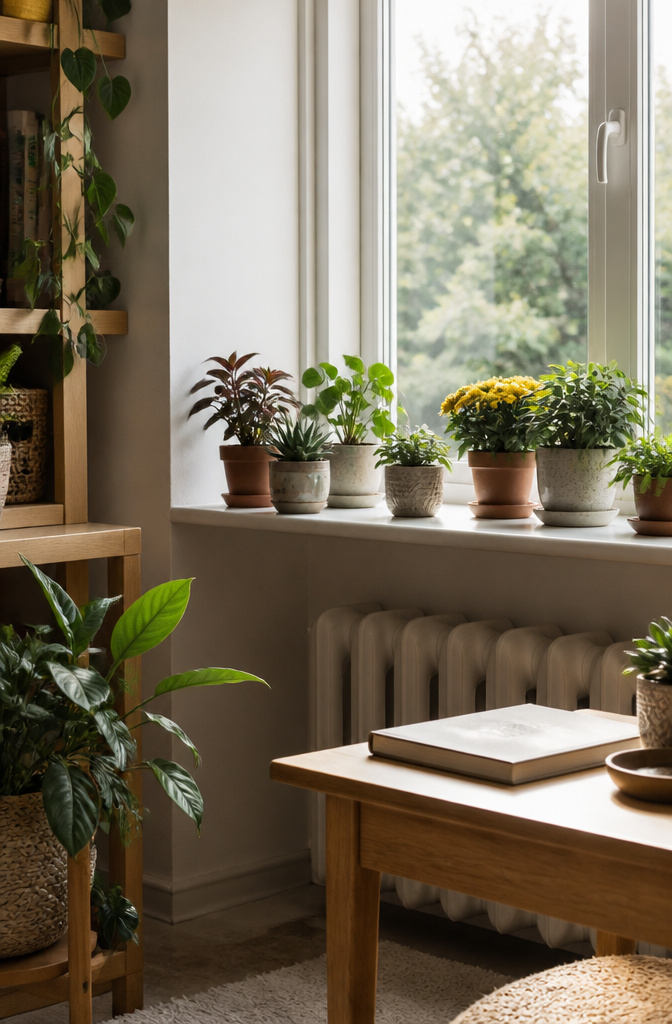 Various small potted plants on a bright window sill.