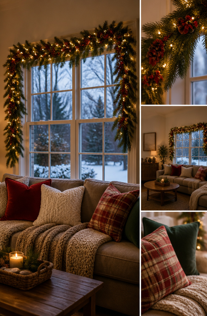 A window decorated with a seasonal garland and lights.