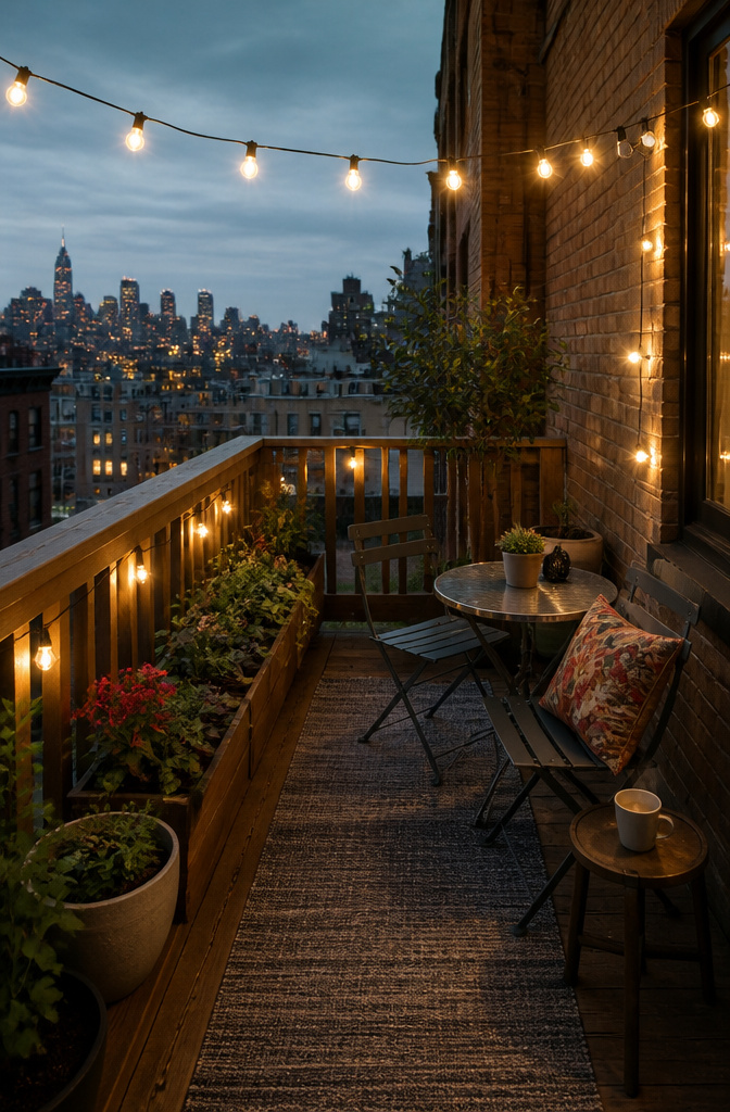 A bistro set with a round table and two chairs on a balcony.