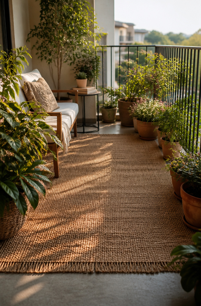 A jute rug surrounded by flower pots and a seating area.