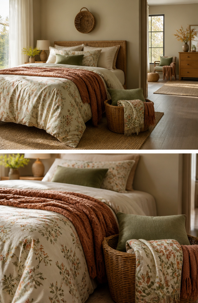 A bed showing summer and winter bedding arrangements.