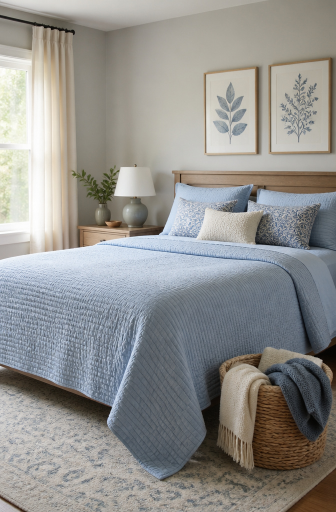 A textured light blue quilt spread across a neatly made bed.