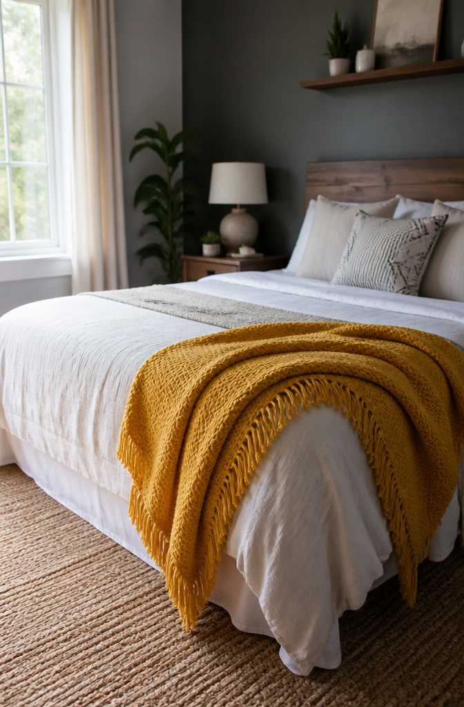 A mustard yellow throw blanket draped at the foot of a bed.