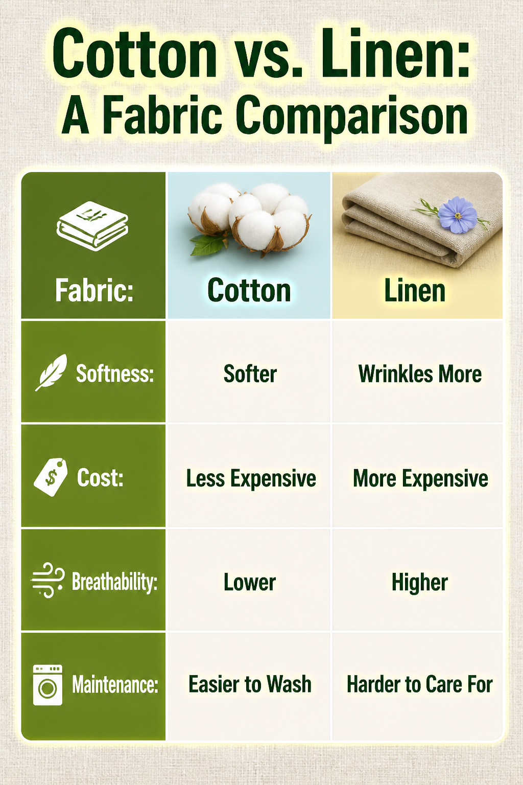 A comparison of cotton and linen fabrics for bedding.