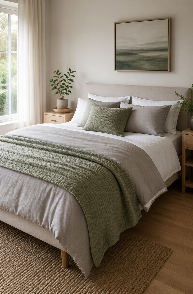 Bedding in white, gray, and light sage green arranged on a bed.